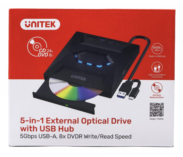 UNITEK Nagrywarka zewnętrzna DVD/CD, Hub USB 5Gbps, czytnik kart SD T1037A01 - 1348619 - zdjęcie 4